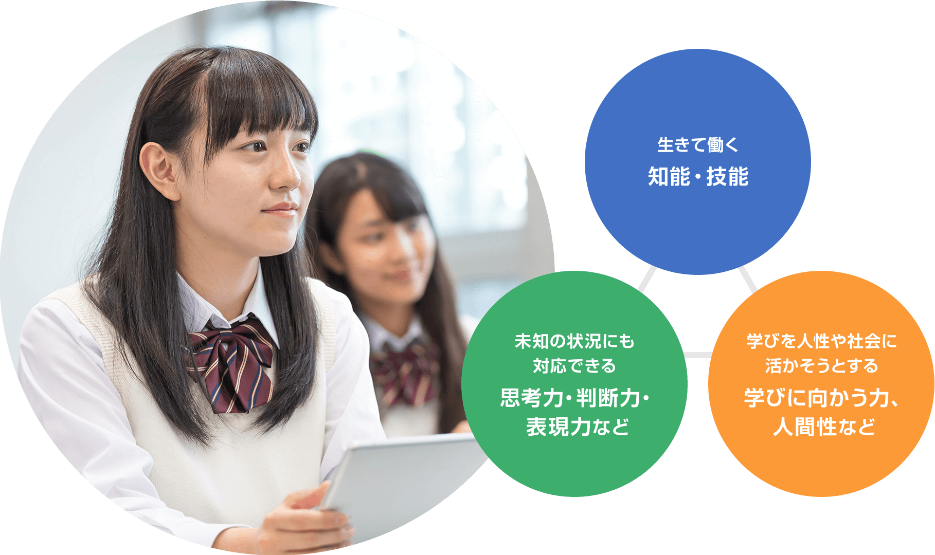 「生きて働く知能・技能」「未知の状況にも対応できる思考力・判断力・表現力など」「学びを人性や社会に活かそうとする学びに向かう力、人間性など」