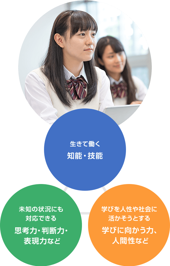 「生きて働く知能・技能」「未知の状況にも対応できる思考力・判断力・表現力など」「学びを人性や社会に活かそうとする学びに向かう力、人間性など」