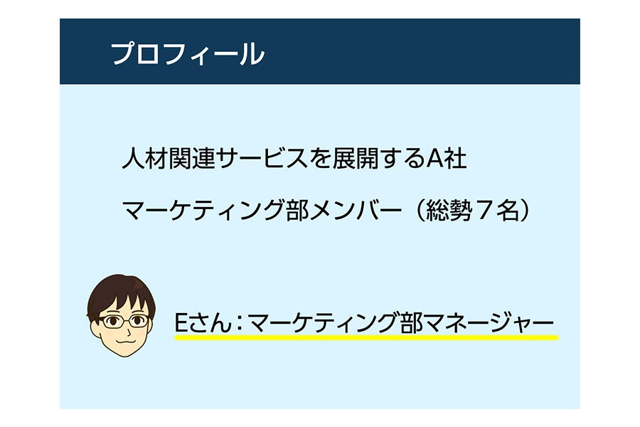 プロフィール 人材関連サービスを展開するA社 マーケティング部メンバー（総勢7名） Eさん：マーケティング部マネージャー