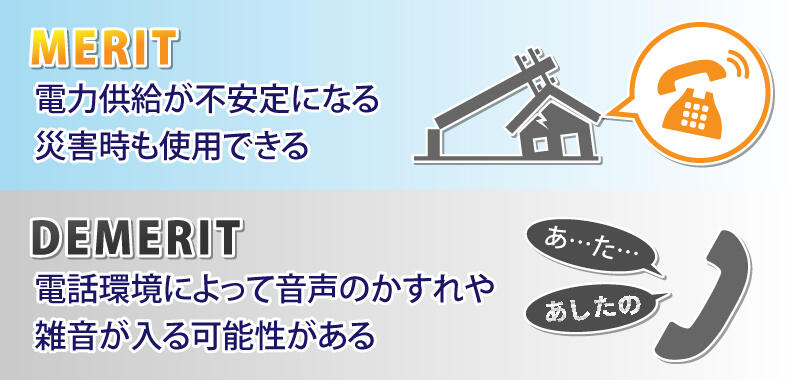 メリット 電力供給が不安定になる災害時も使用できる　デメリット 電話環境によって音声のかすれや雑音が入る可能性がある