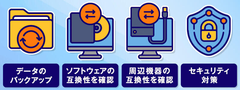 データをバックアップ/ソフトウェアの互換性を確認/周辺機器の互換性を確認/セキュリティ対策