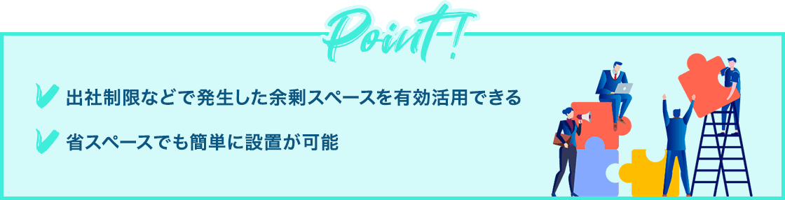 Point! 「出社制限などで発生した余剰スペースを有効活用できる」「省スペースでも簡単に設置が可能」