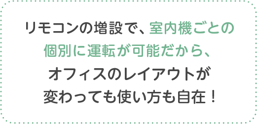 リモコンの増設で、室内機ごとの個別に運転が可能だから、オフィスのレイアウトが変わっても使い方も自在 !